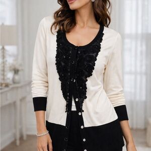 White House Black Market Black and White Rosette Cardigan